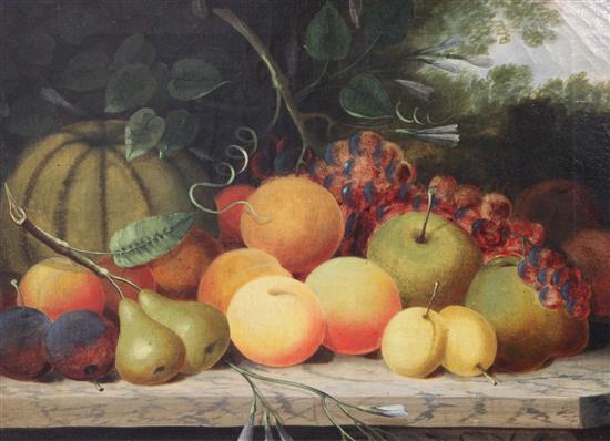 Mid 19th century English School Still lifes of fruits on ledges, 12 x 16in.